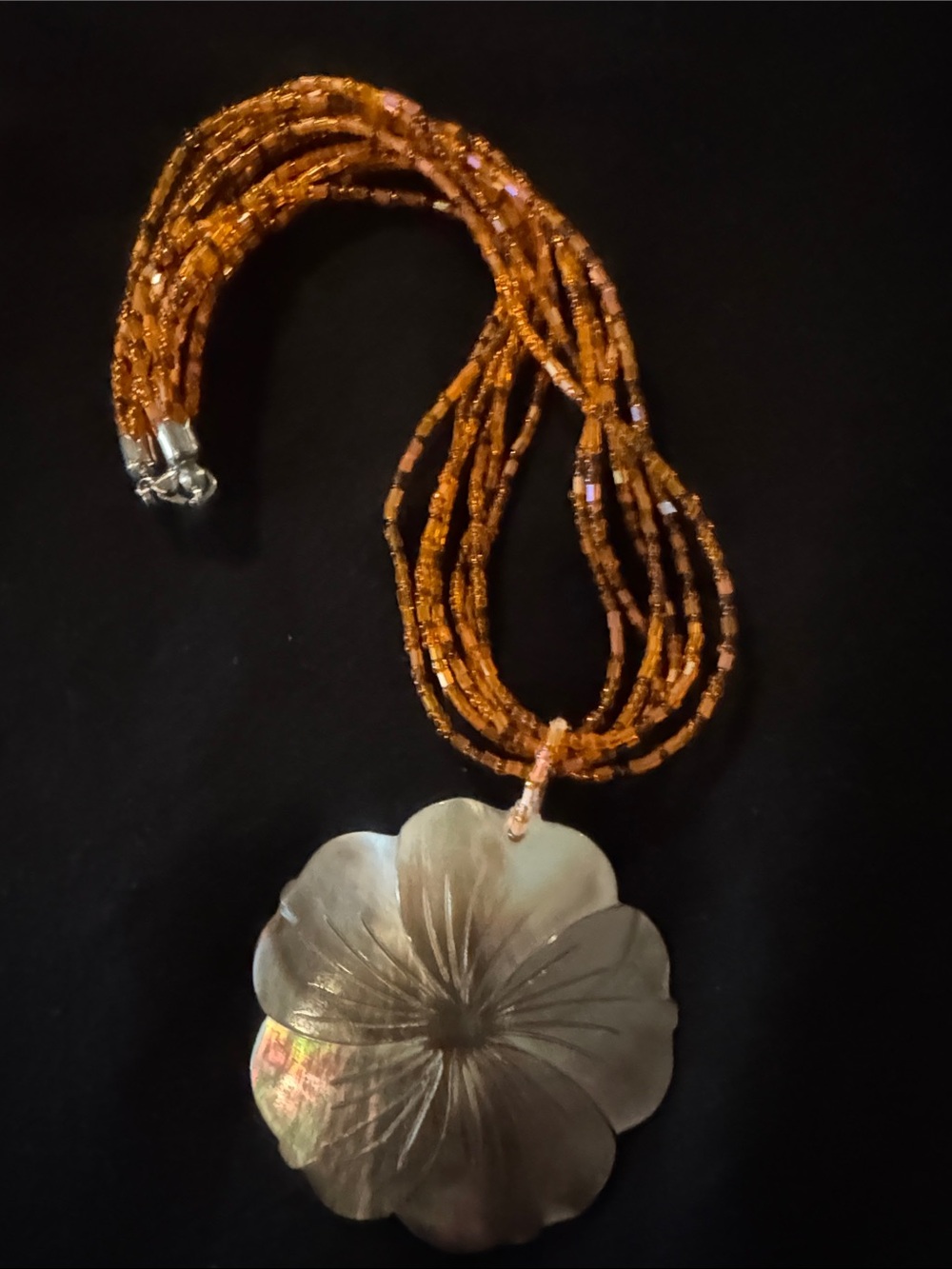 Handcrafted Brown Beaded Necklace with Mother-of-Pearl Flower Pendant